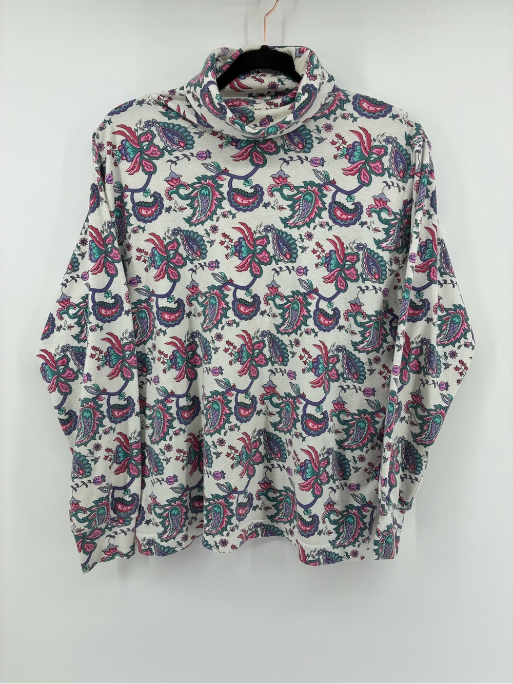 Paisley Print Turtleneck Sweater in White with Pink & Teal